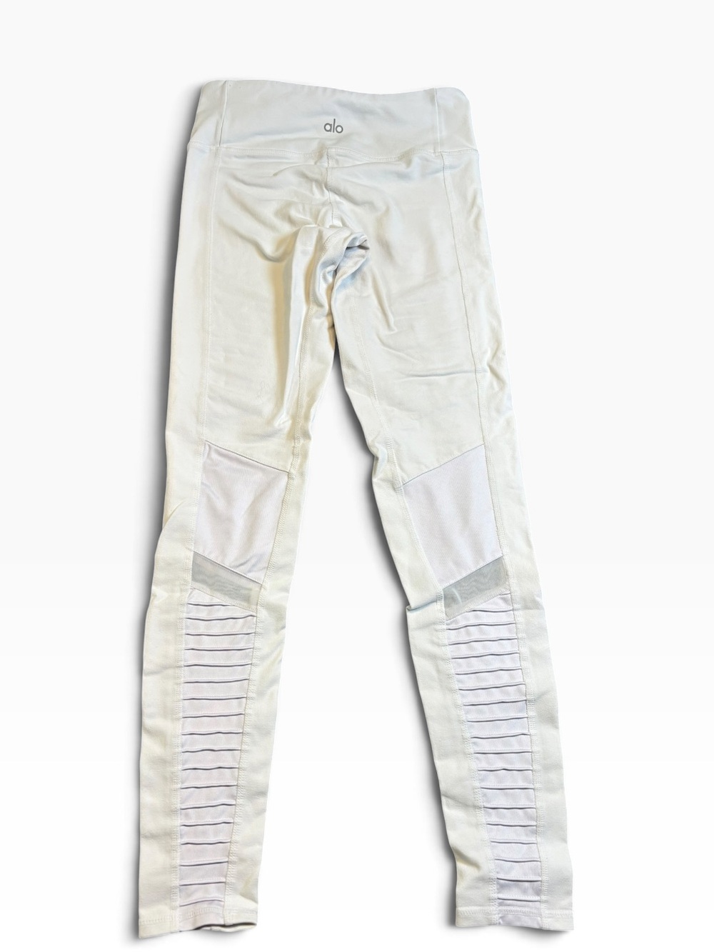 Alo Yoga White High Waist Moto Leggings XS Pristine Mesh Panels GUC